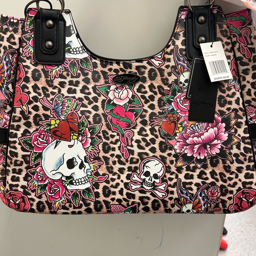 Ed Hardy Pink Leopard Shoulder Bag with Skull and Floral Accents